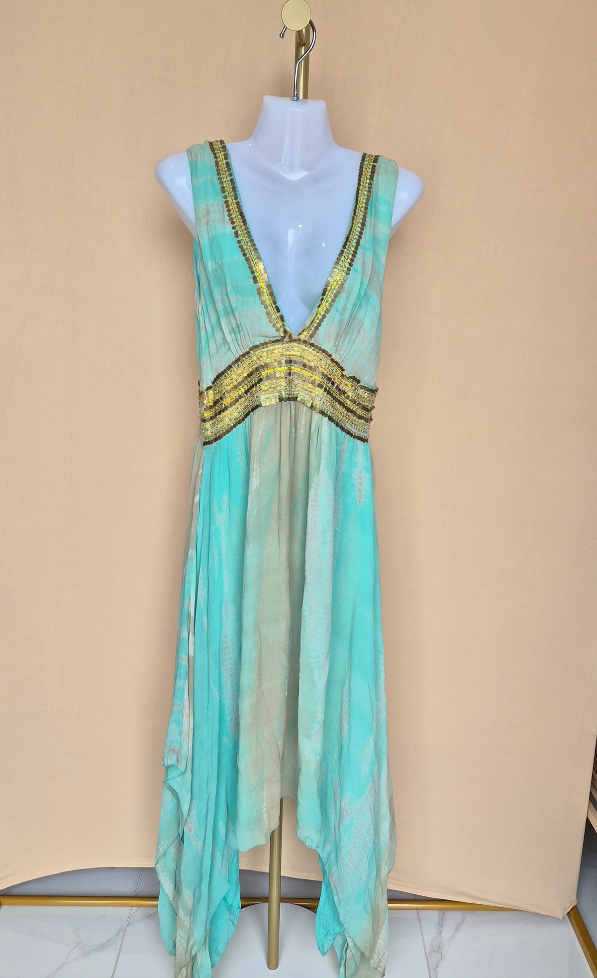 Sofira Aqua Tie-Dye Sequin Handkerchief Maxi Dress – Size M