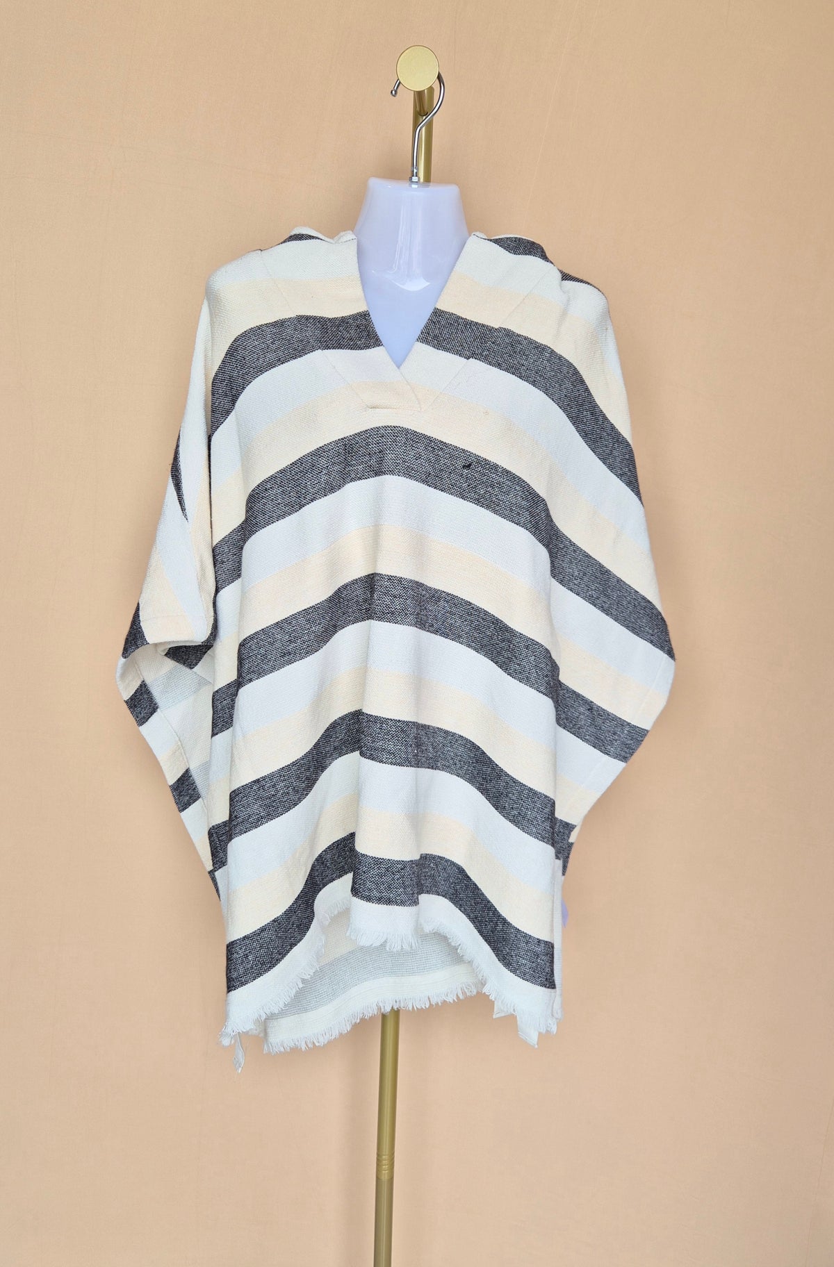 Solid & Striped Cream & Black Striped Hooded Poncho – Free Size