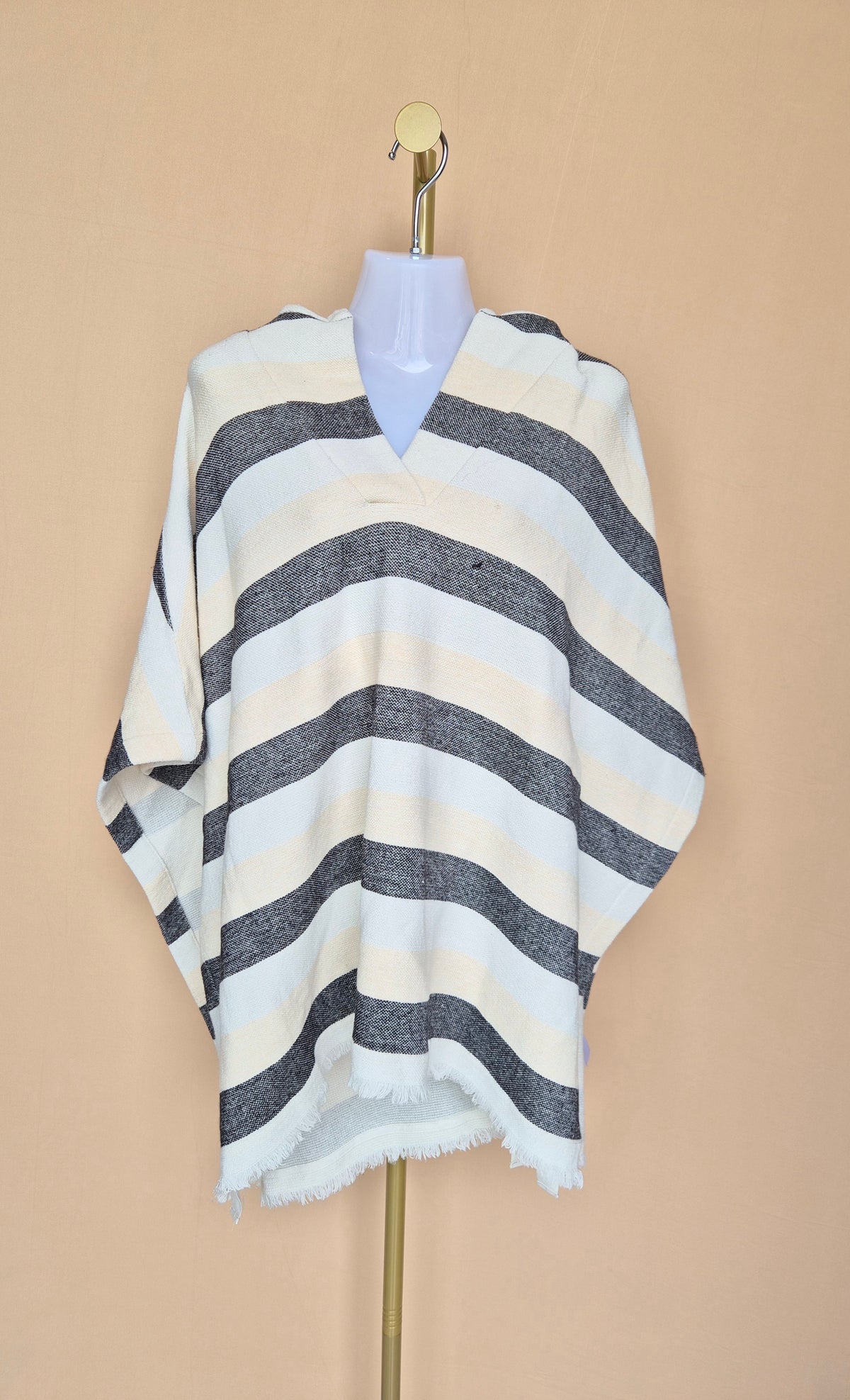 Solid & Striped Cream & Black Striped Hooded Poncho – Free Size