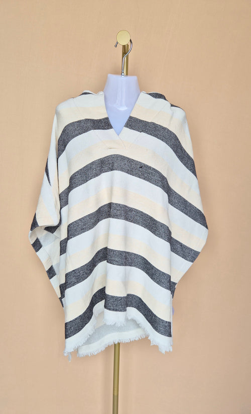 Solid & Striped Cream & Black Striped Hooded Poncho – Free Size