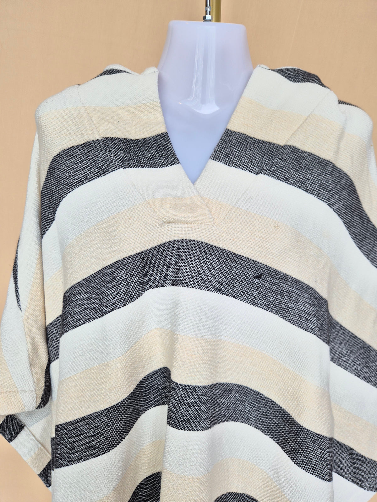 Solid & Striped Cream & Black Striped Hooded Poncho – Free Size