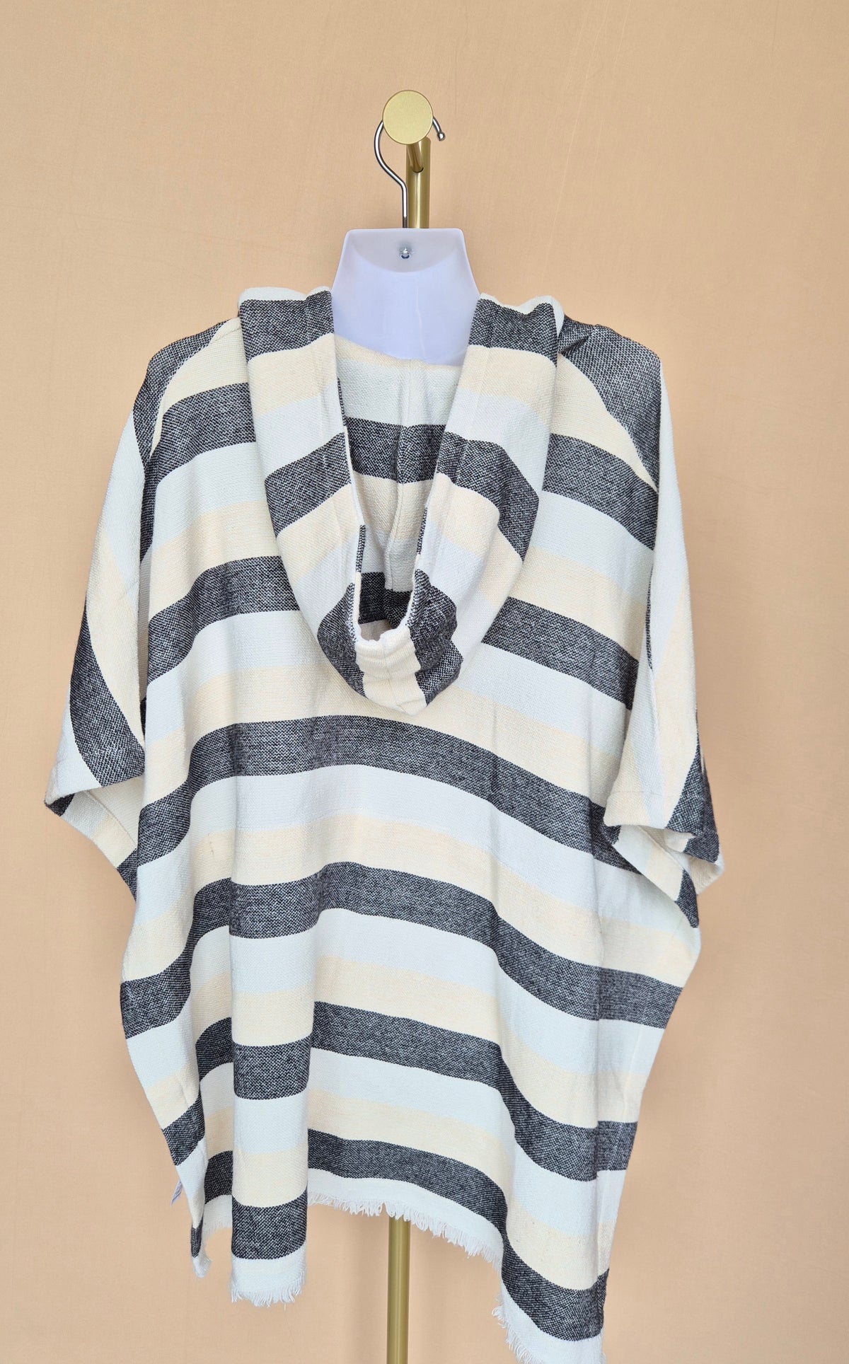 Solid & Striped Cream & Black Striped Hooded Poncho – Free Size