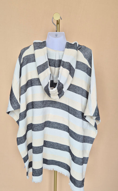 Solid & Striped Cream & Black Striped Hooded Poncho – Free Size
