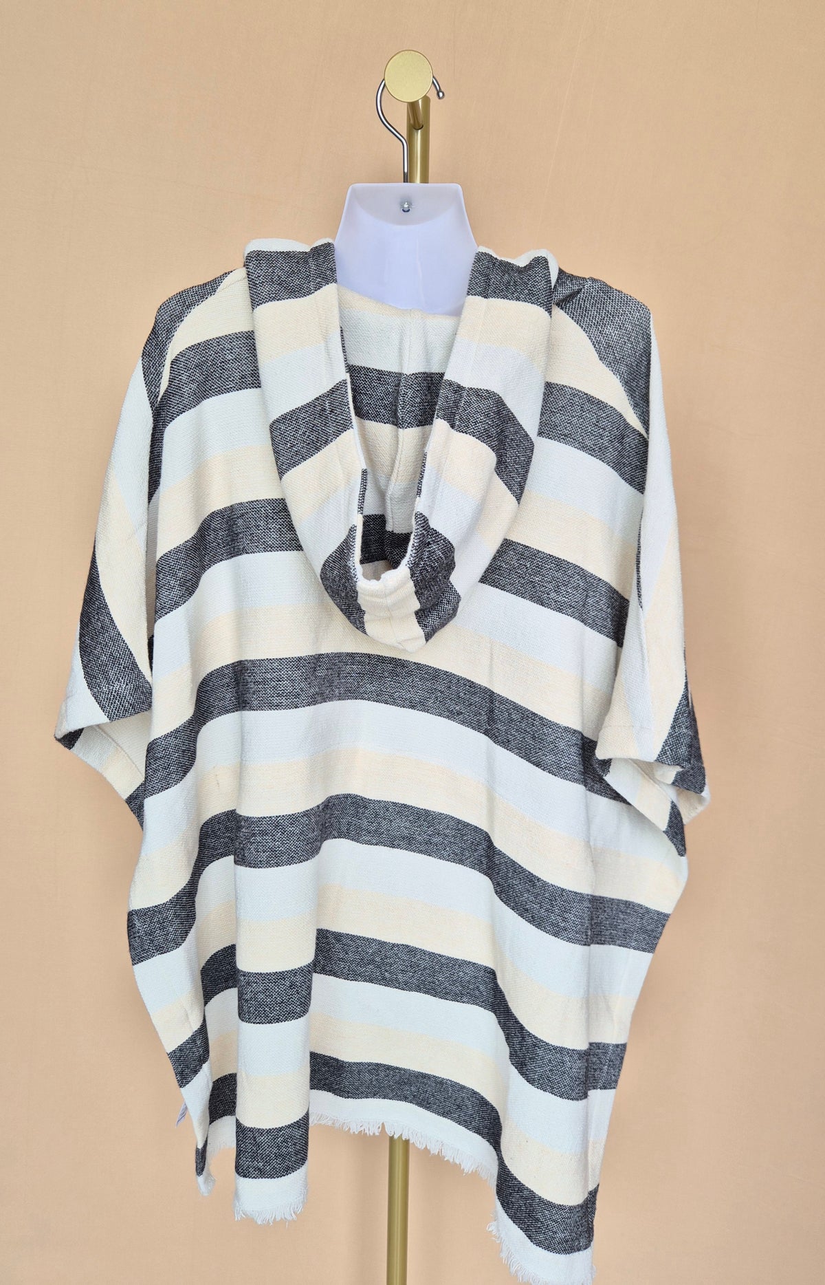 Solid & Striped Cream & Black Striped Hooded Poncho – Free Size
