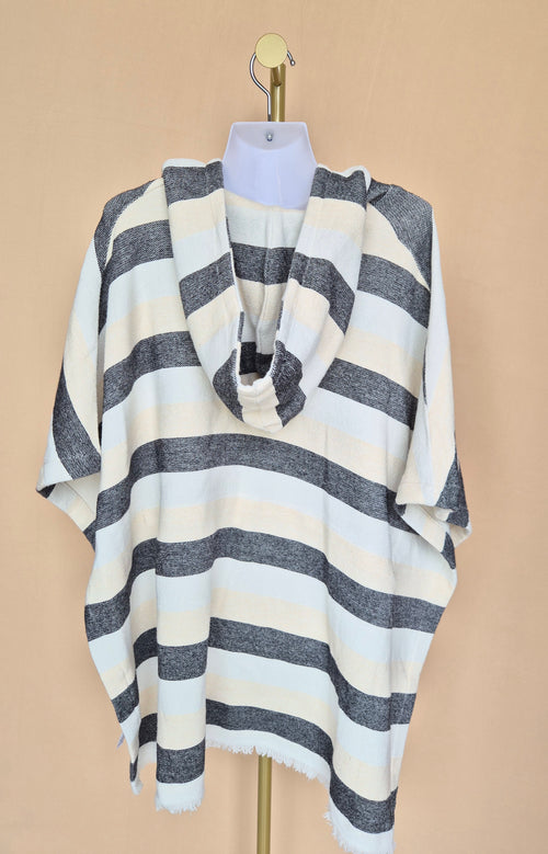 Solid & Striped Cream & Black Striped Hooded Poncho – Free Size