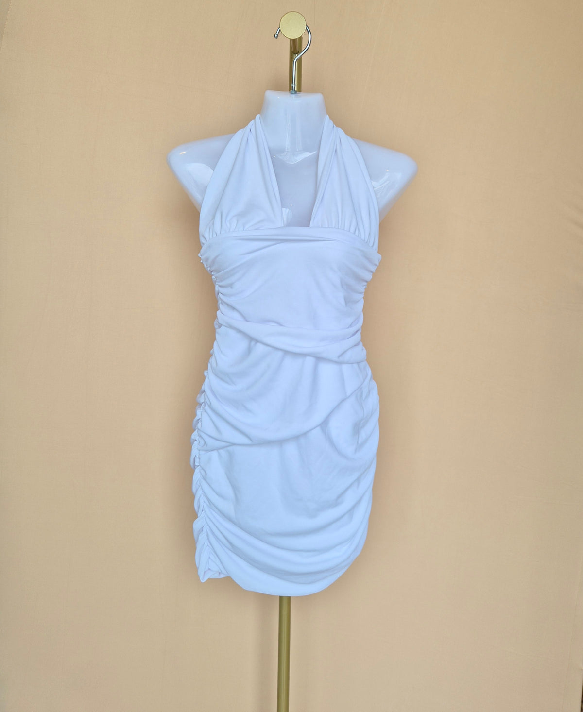 Zara White Ruched Halter Mini Dress – Size S