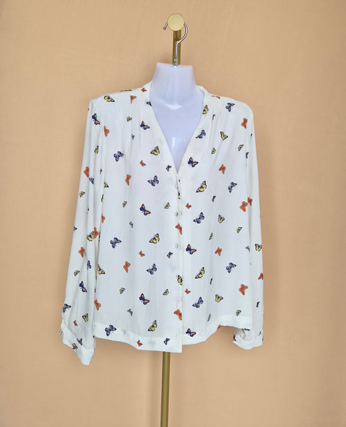 Dorothy Perkins White Butterfly-Print Blouse – Size XL