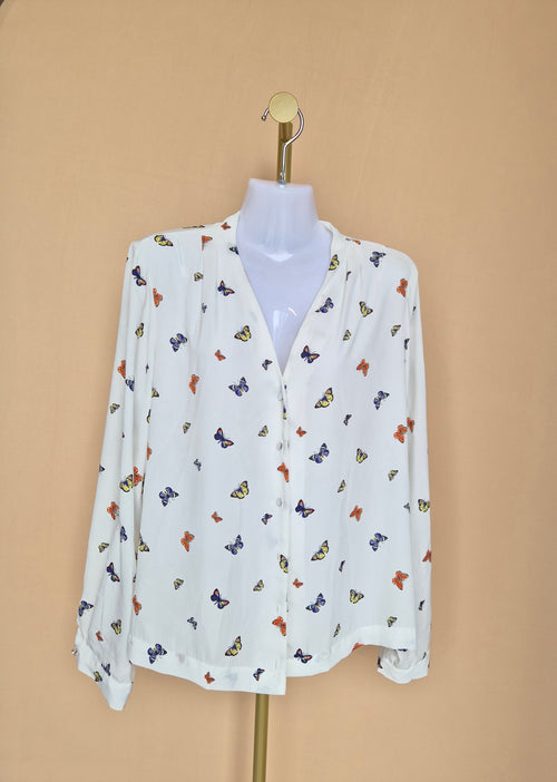 Dorothy Perkins White Butterfly-Print Blouse – Size XL