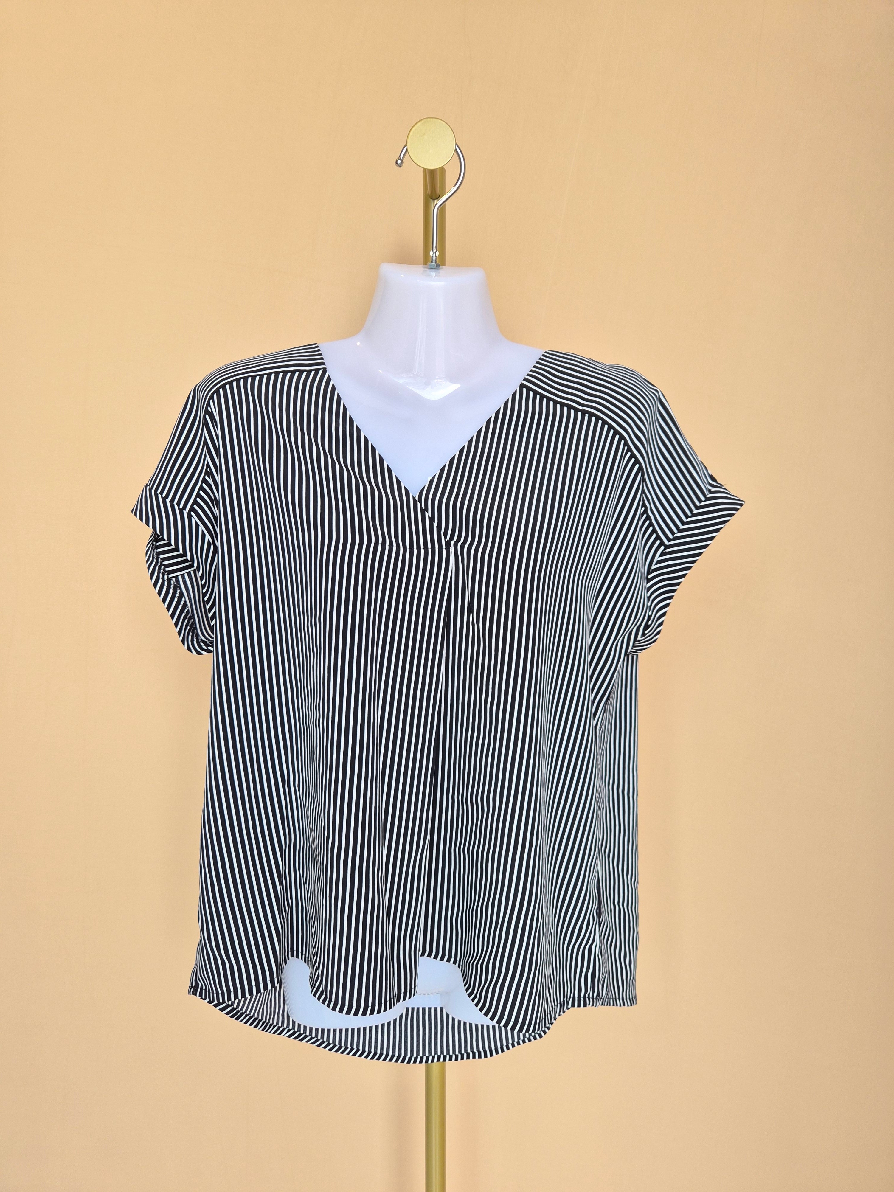 iORA Black & White Striped V-Neck Blouse – Size M
