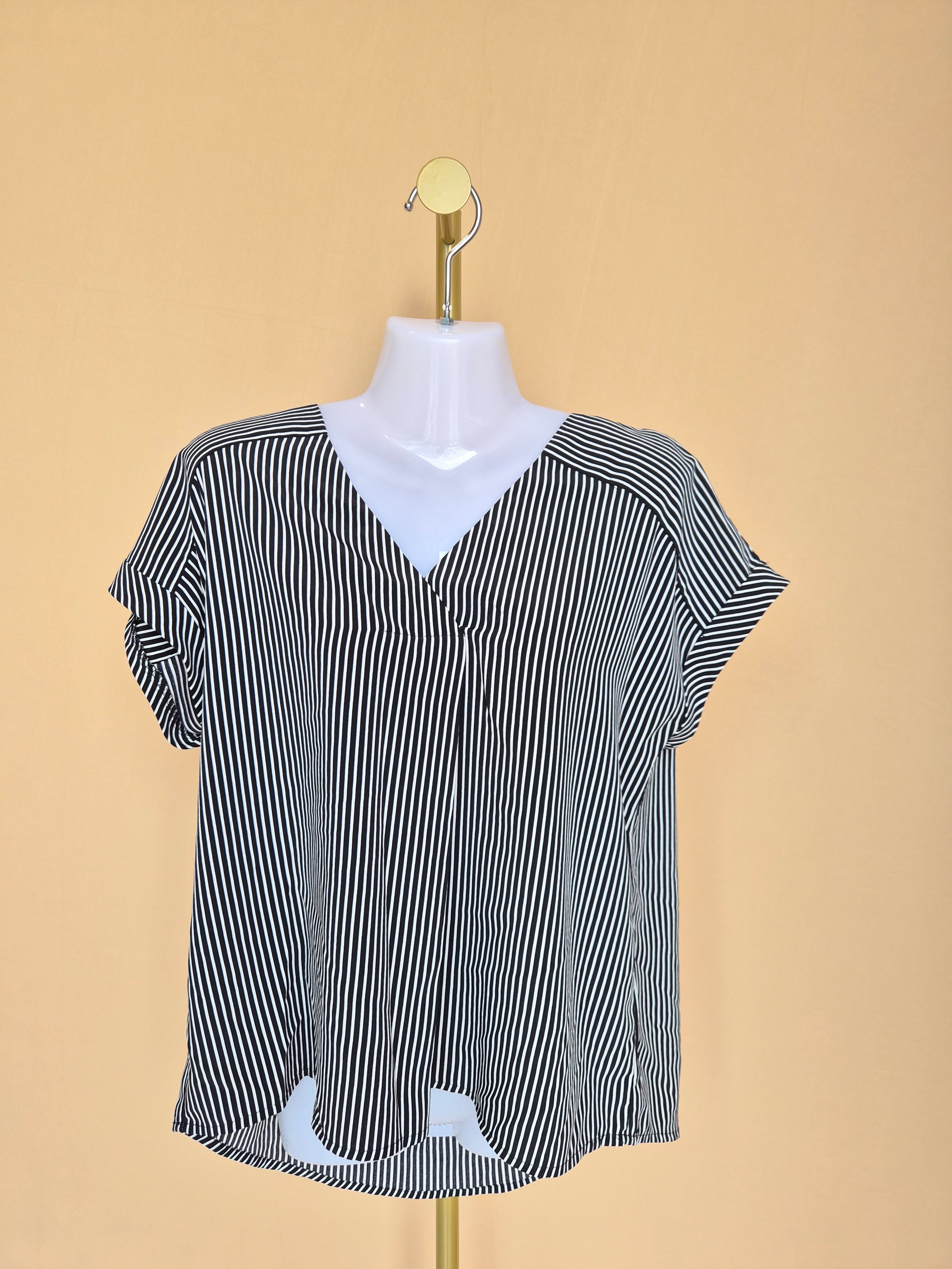 iORA Black & White Striped V-Neck Blouse – Size M