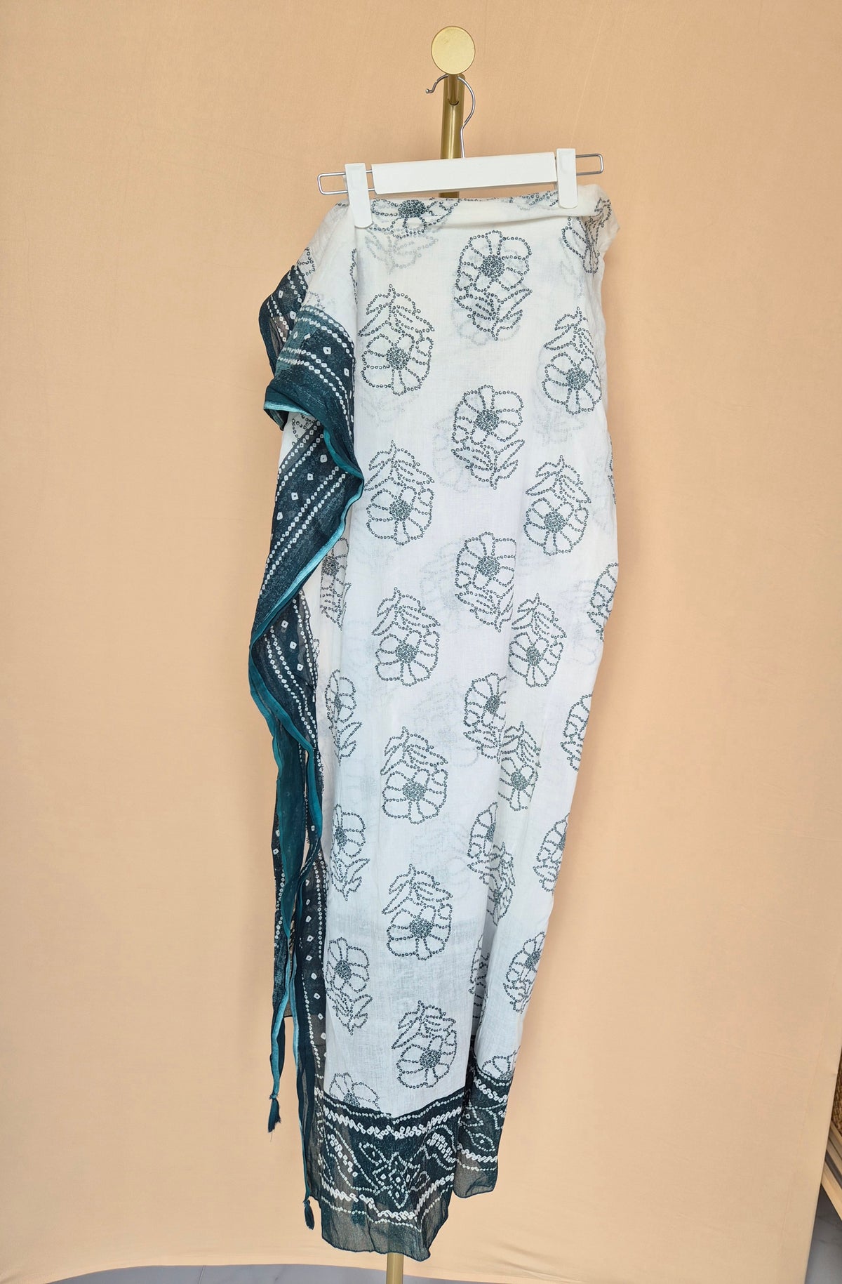 White, Teal & Navy Floral Print Scarf