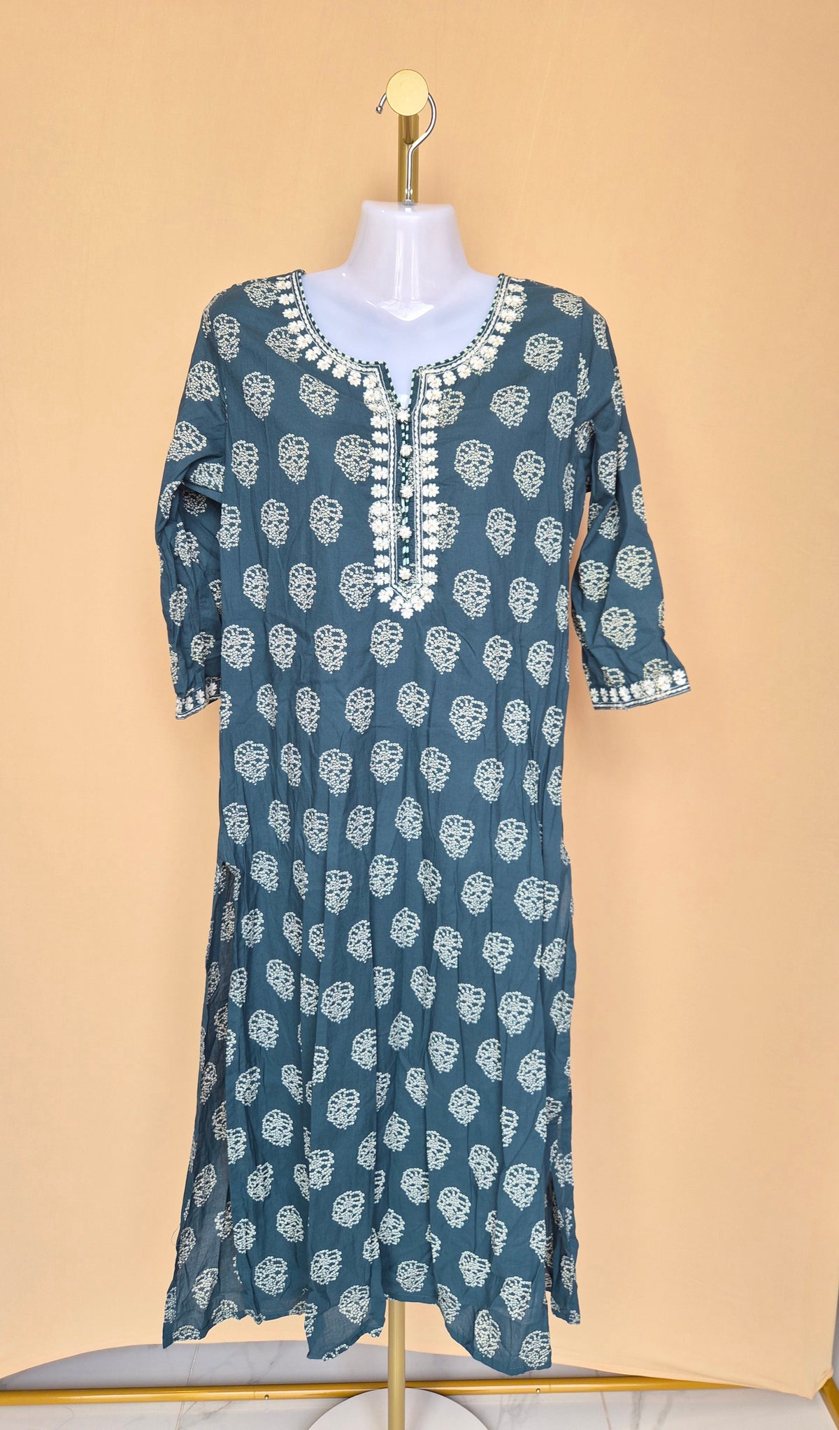 Fashor Teal Printed Embroidered Kurta – Size 42
