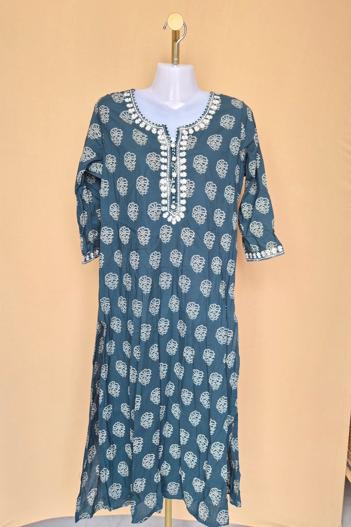 Fashor Teal Printed Embroidered Kurta – Size 42