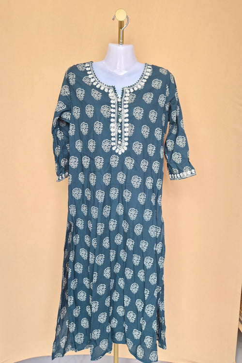 Fashor Teal Printed Embroidered Kurta – Size 42