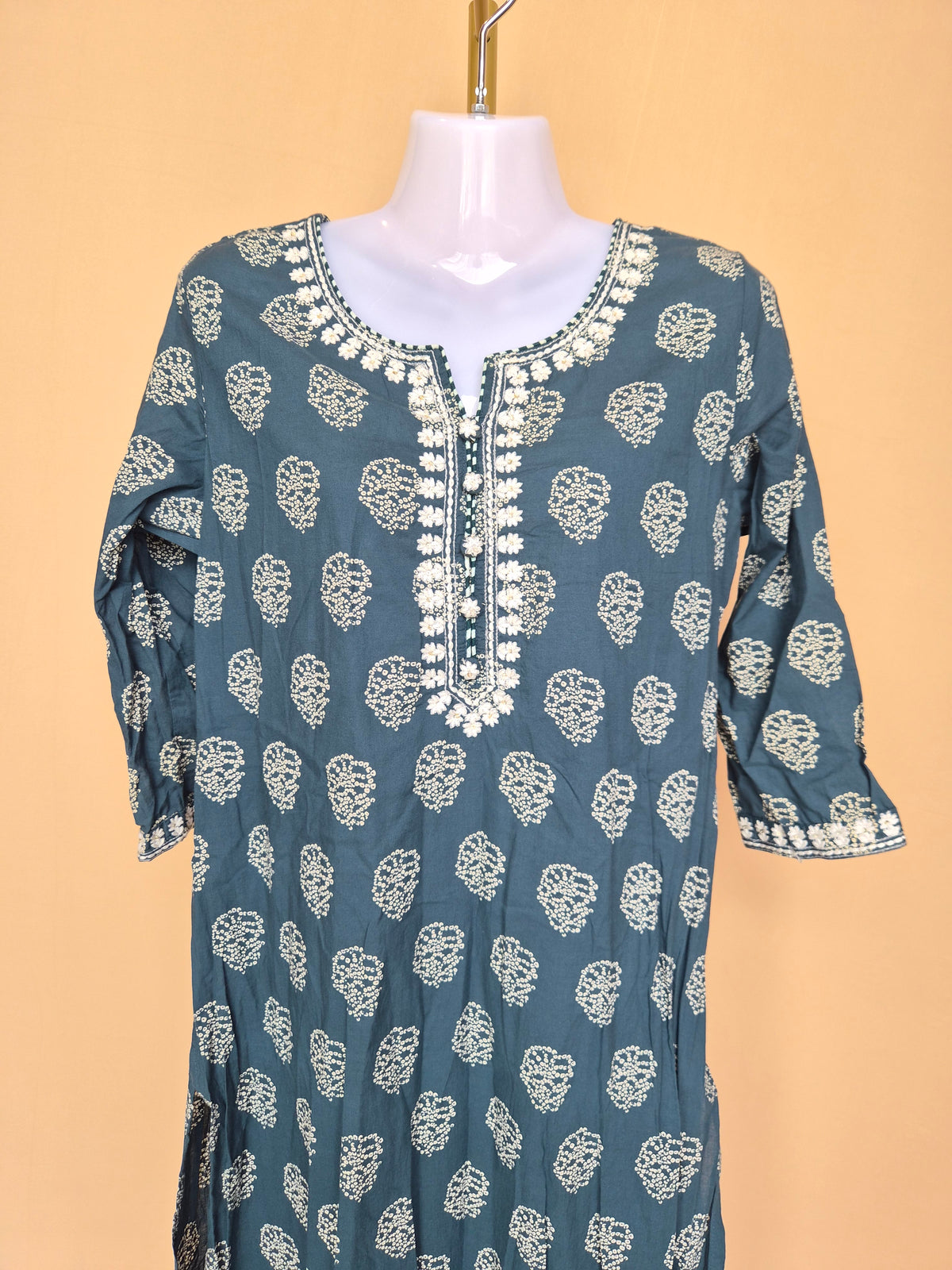 Fashor Teal Printed Embroidered Kurta – Size 42