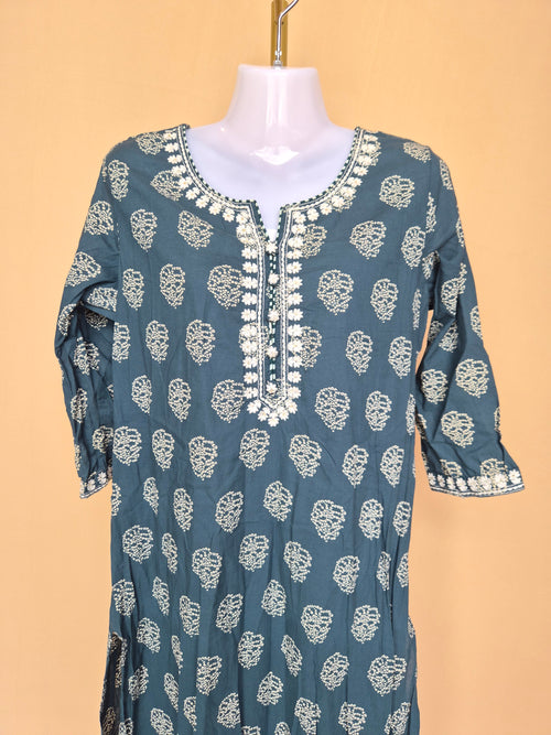 Fashor Teal Printed Embroidered Kurta – Size 42