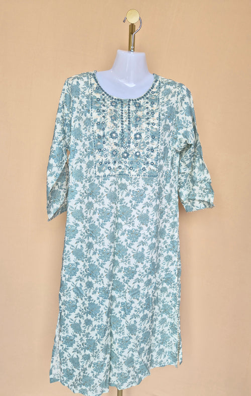 Blue & Ivory Floral Embellished Kurta – Size XL