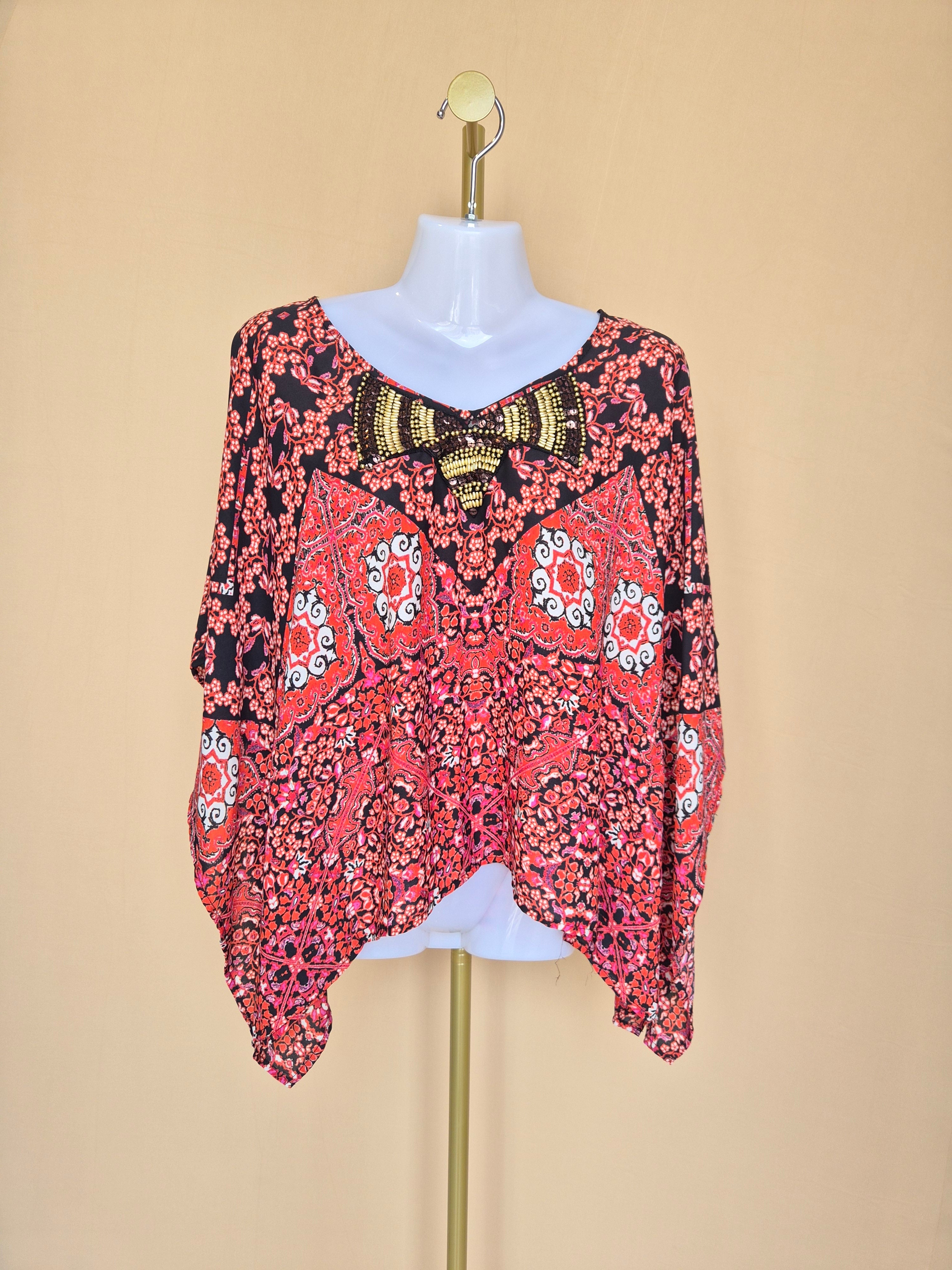 XOXO Red & Black Embellished Paisley Kaftan Top – Size M