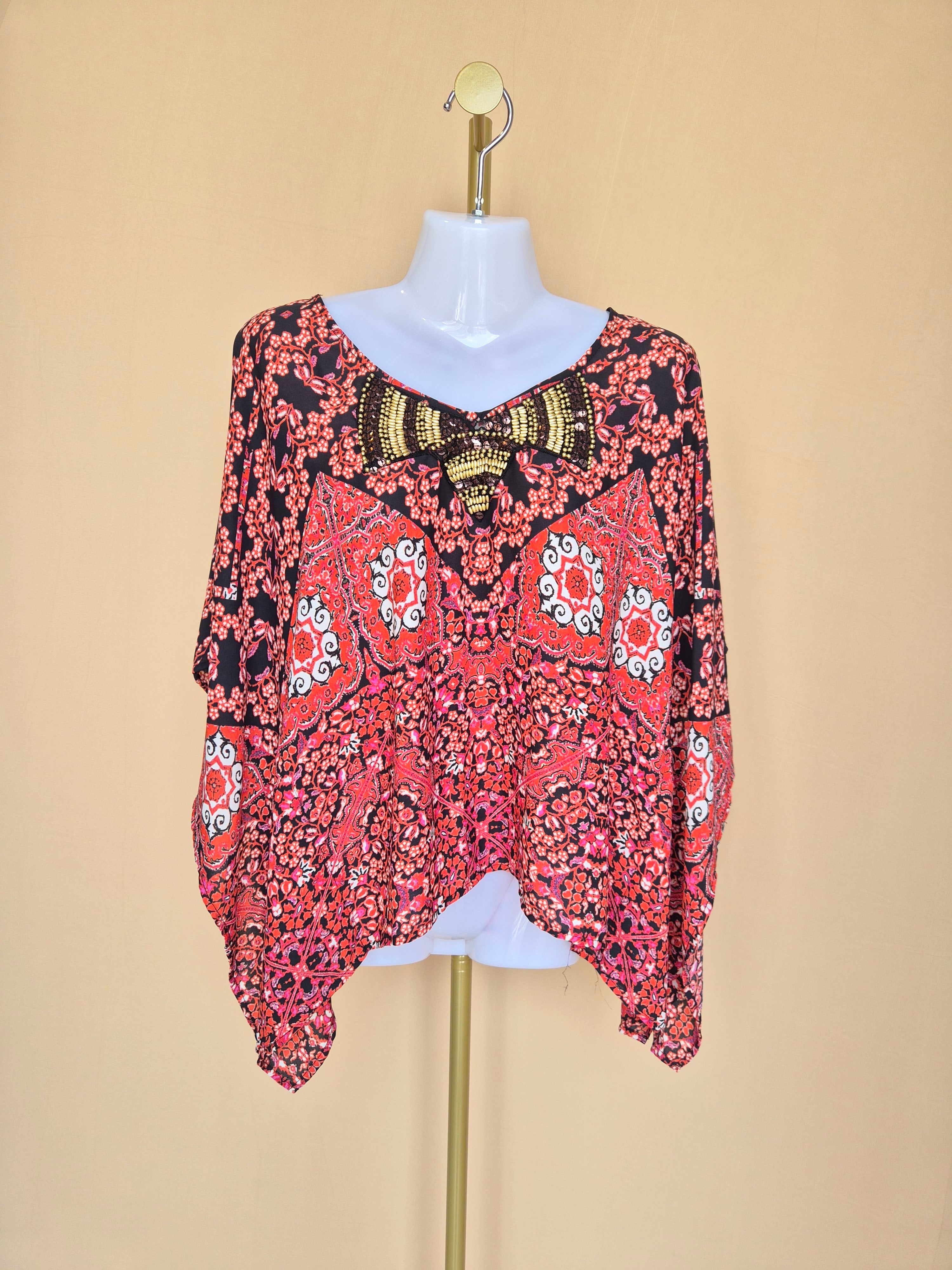 XOXO Red & Black Embellished Paisley Kaftan Top – Size M