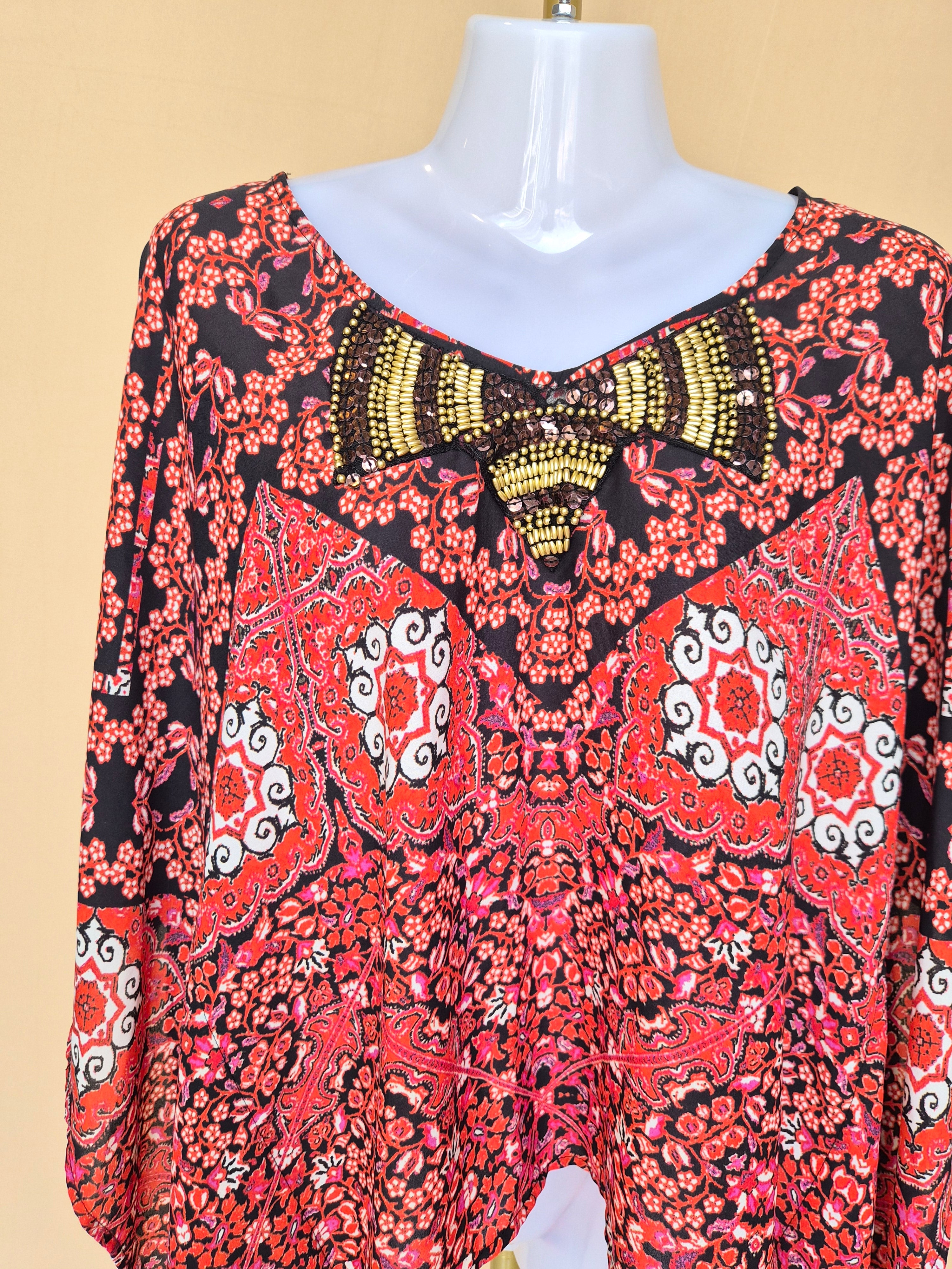 XOXO Red & Black Embellished Paisley Kaftan Top – Size M