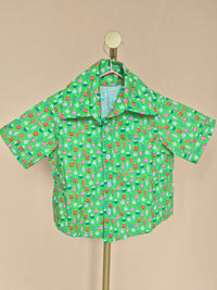 Handmade Green Christmas-Print Kids’ Shirt – Size 1–2 Years