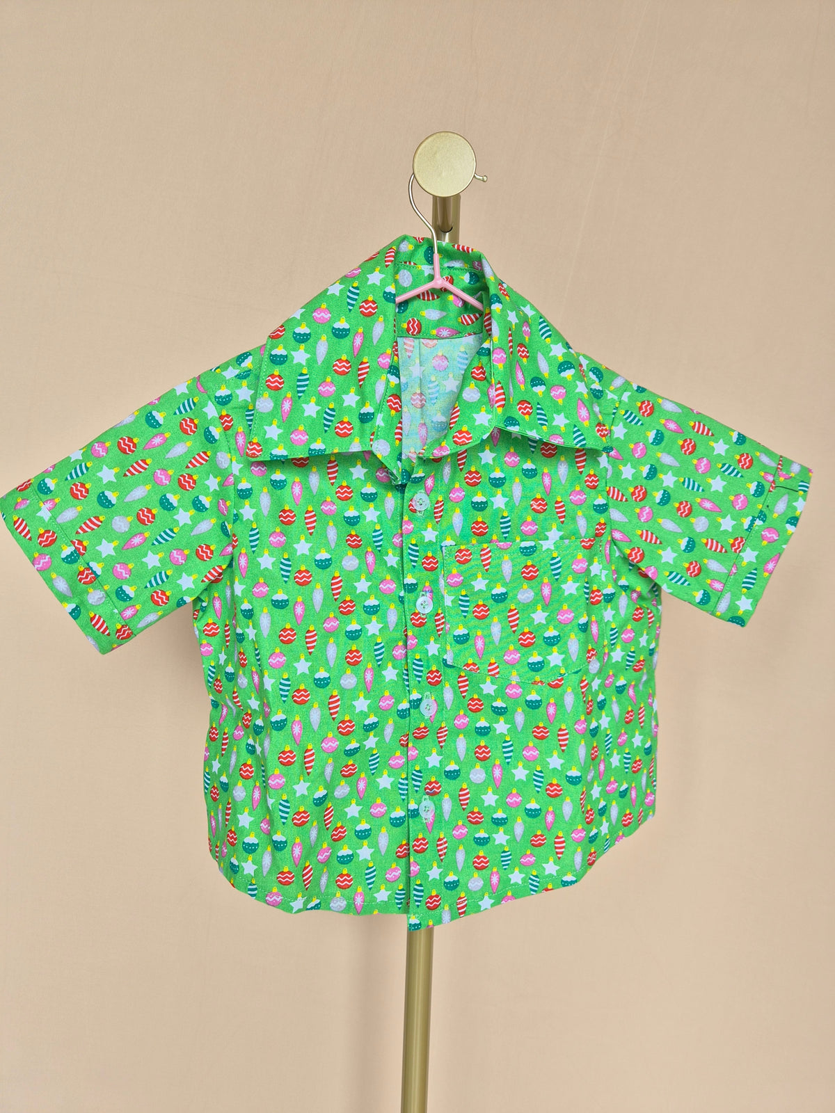 Handmade Green Christmas-Print Kids’ Shirt – Size 1–2 Years