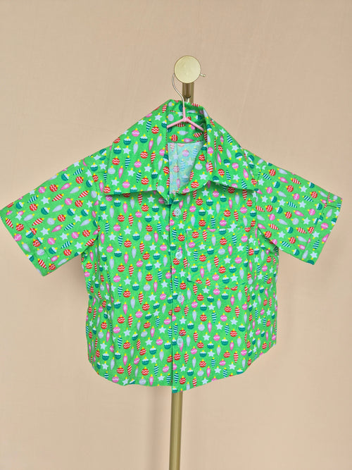 Handmade Green Christmas-Print Kids’ Shirt – Size 1–2 Years