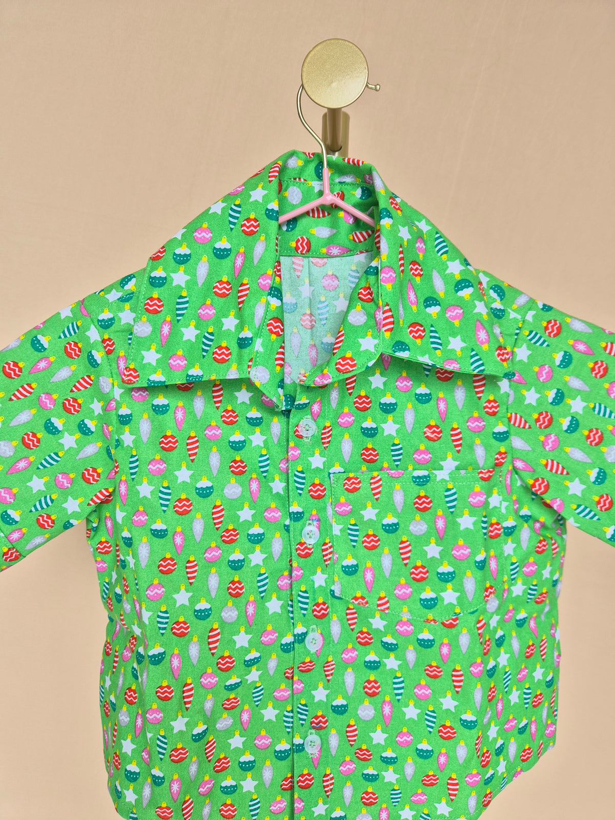 Handmade Green Christmas-Print Kids’ Shirt – Size 1–2 Years