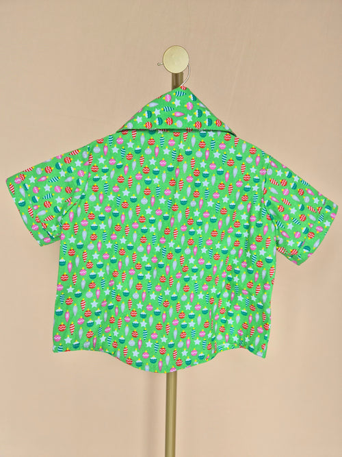 Handmade Green Christmas-Print Kids’ Shirt – Size 1–2 Years