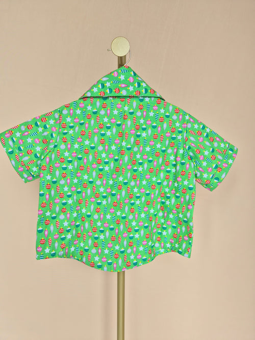 Handmade Green Christmas-Print Kids’ Shirt – Size 1–2 Years