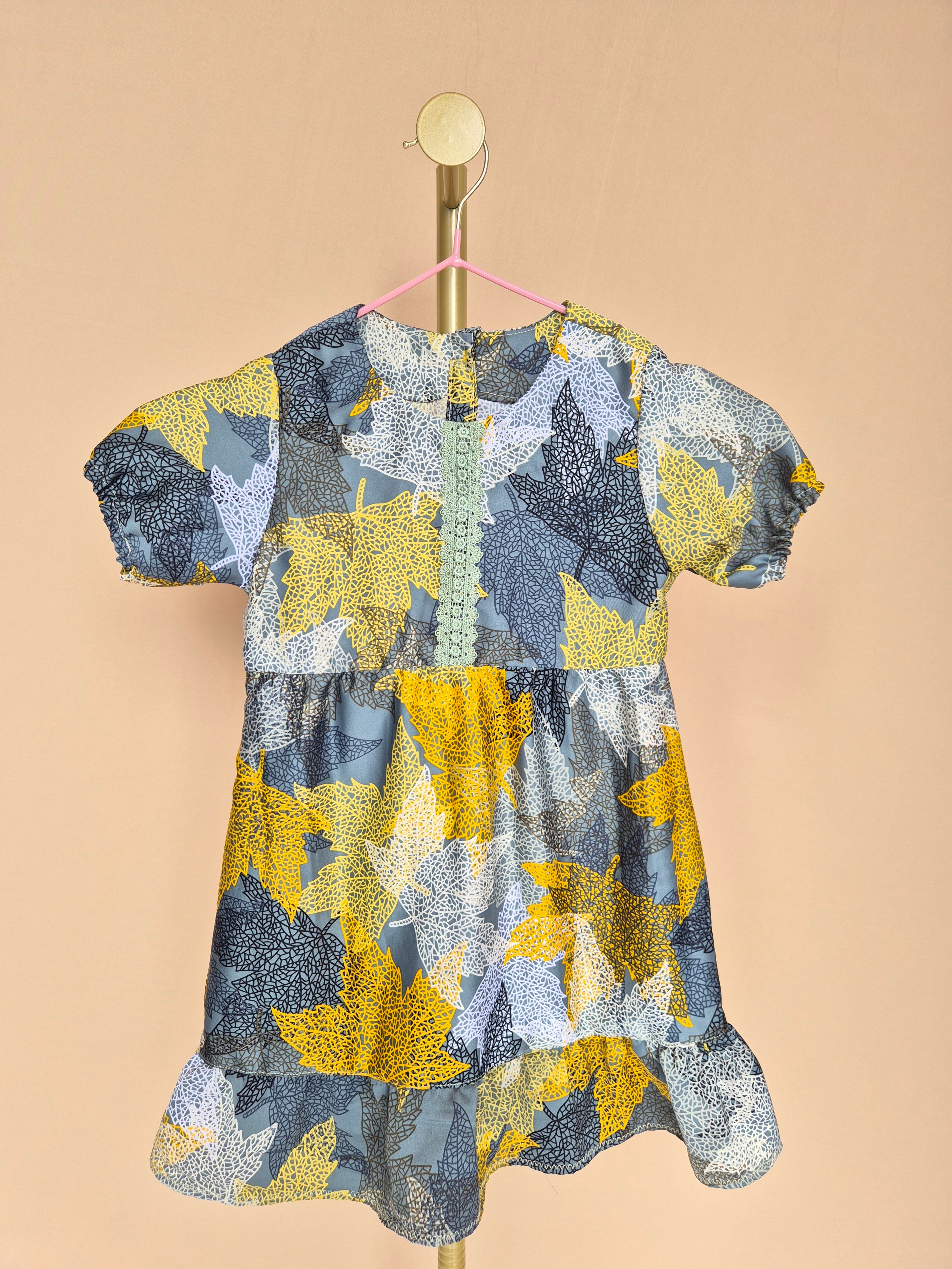 Handmade Grey Leaf-Print Girls’ Dress – Size 1–2 Years