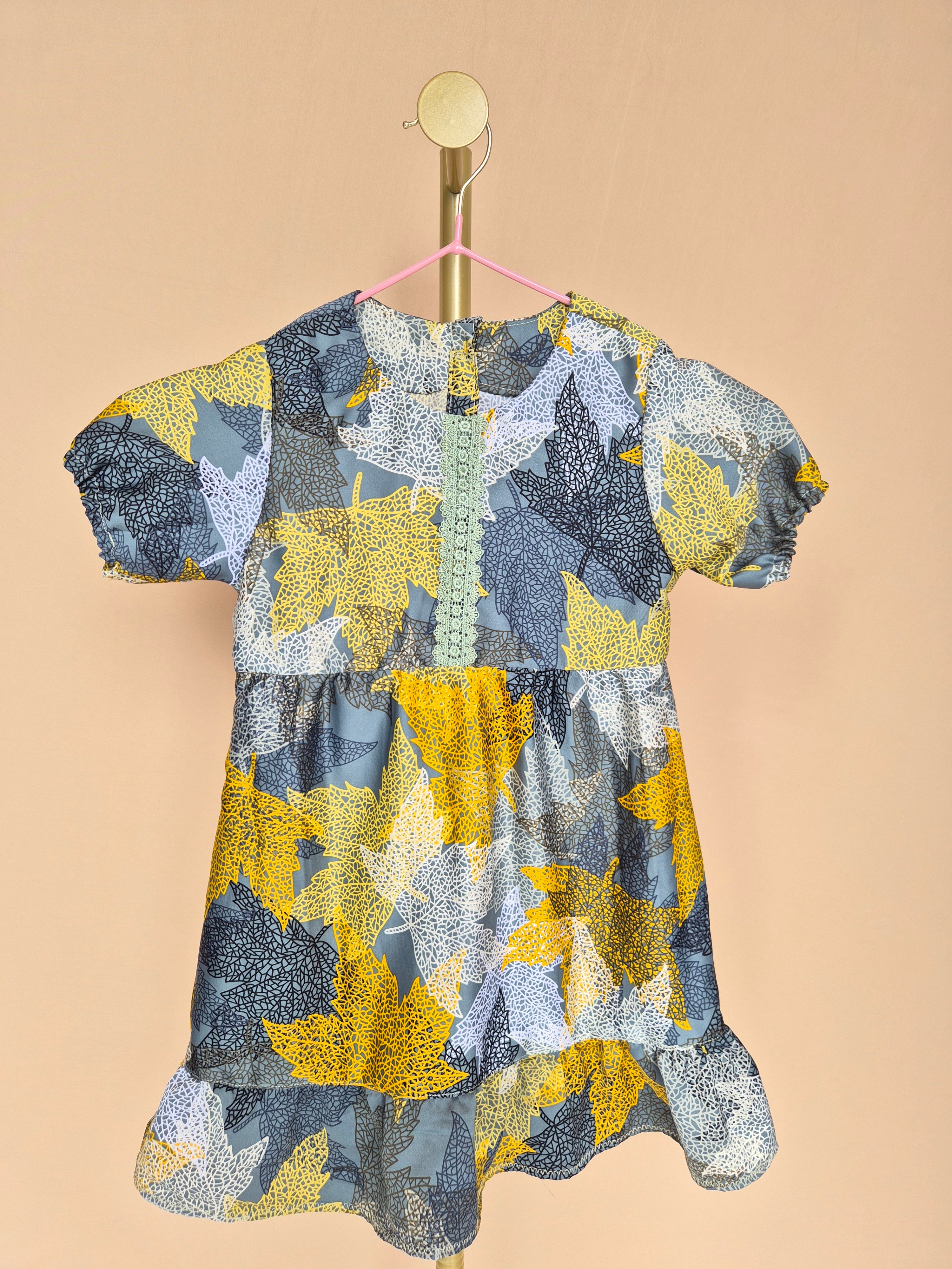 Handmade Grey Leaf-Print Girls’ Dress – Size 1–2 Years