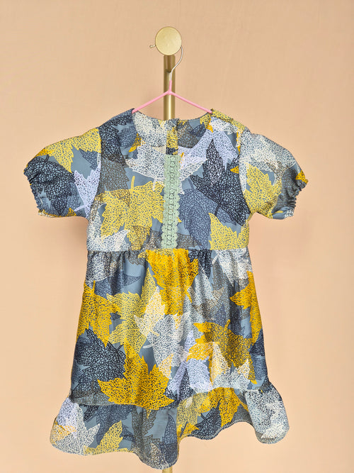 Handmade Grey Leaf-Print Girls’ Dress – Size 1–2 Years