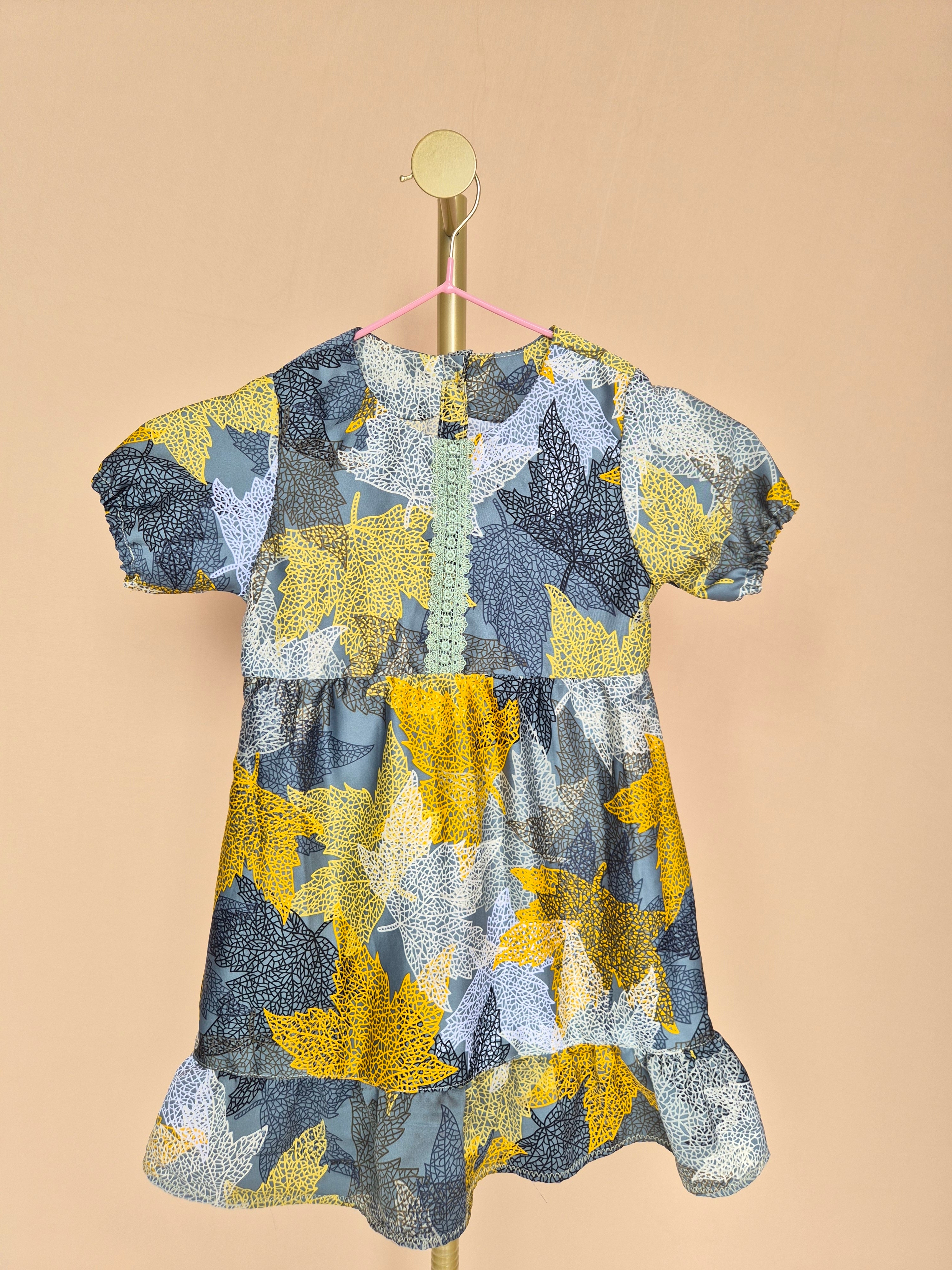 Handmade Grey Leaf-Print Girls’ Dress – Size 1–2 Years