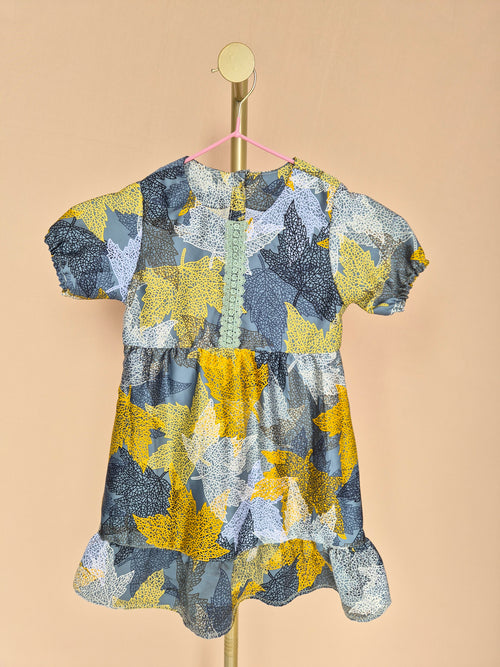 Handmade Grey Leaf-Print Girls’ Dress – Size 1–2 Years