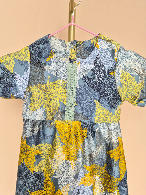 Handmade Grey Leaf-Print Girls’ Dress – Size 1–2 Years
