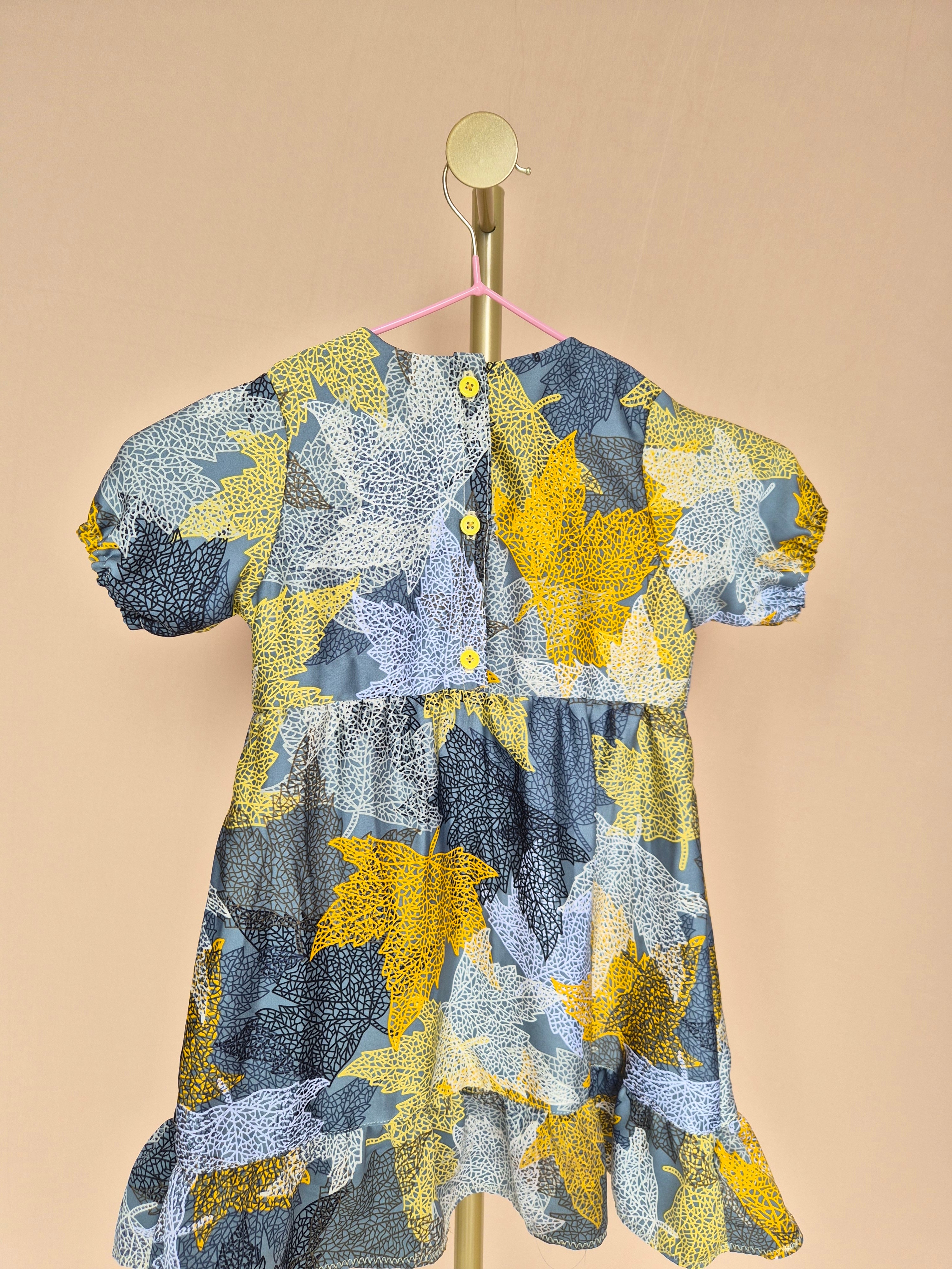 Handmade Grey Leaf-Print Girls’ Dress – Size 1–2 Years