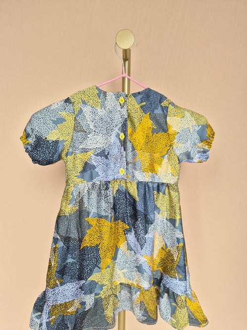 Handmade Grey Leaf-Print Girls’ Dress – Size 1–2 Years