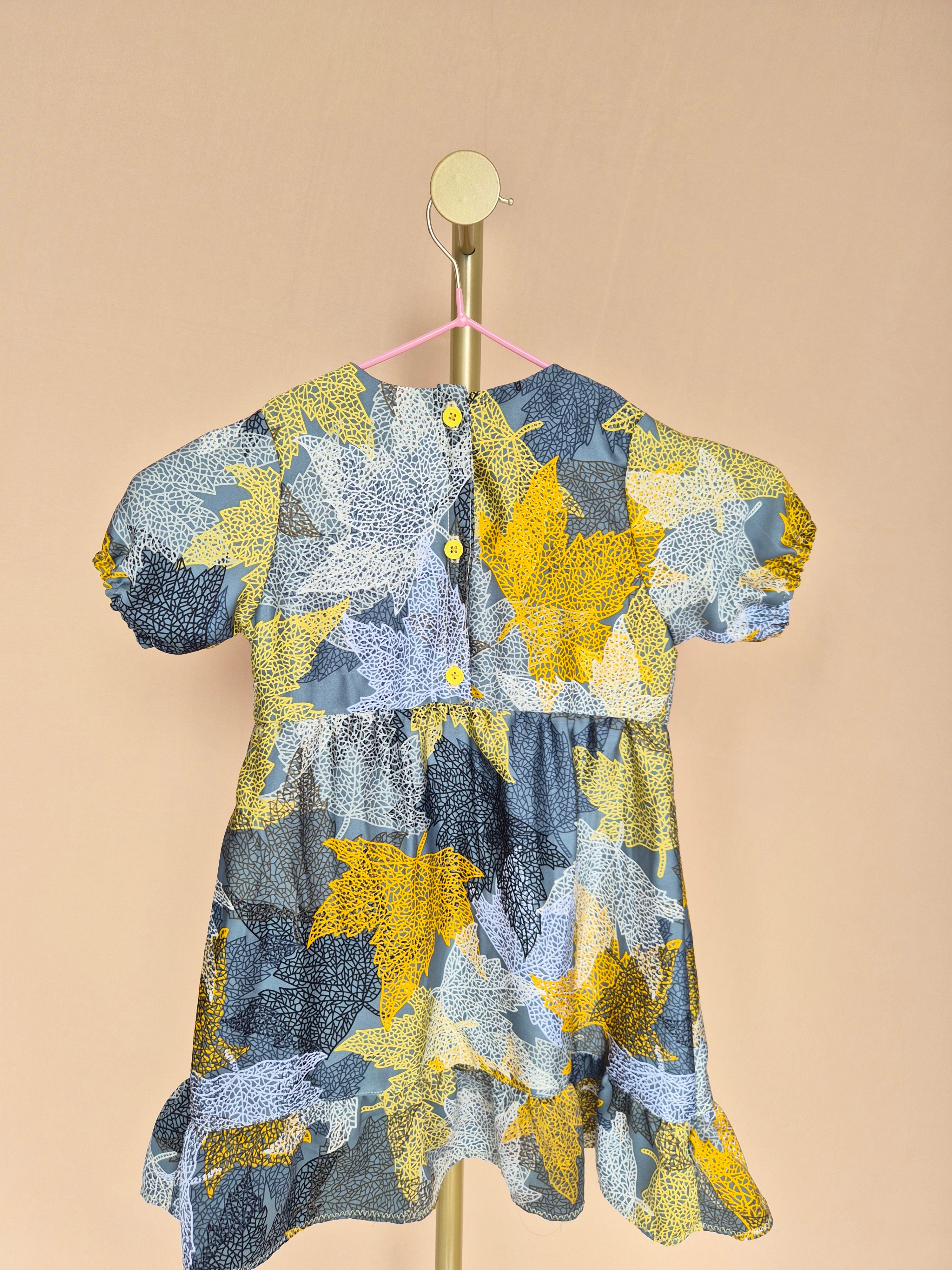 Handmade Grey Leaf-Print Girls’ Dress – Size 1–2 Years