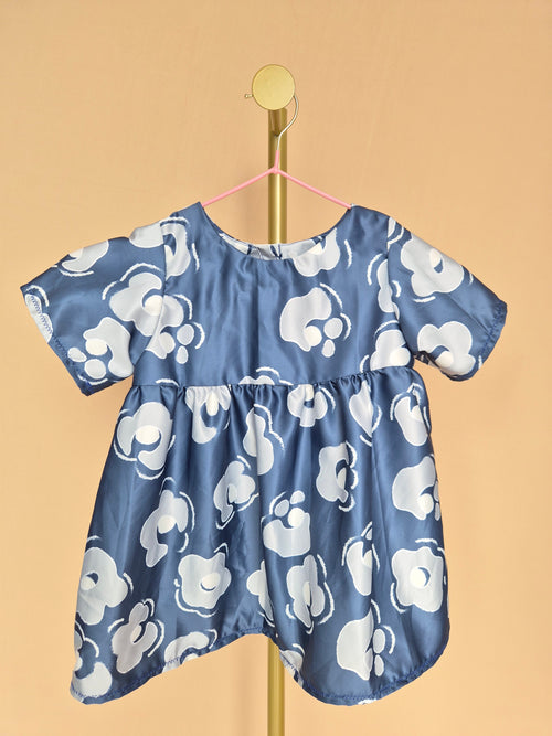 Handmade Blue Satin Floral Girls’ Dress – Size 1–2 Years