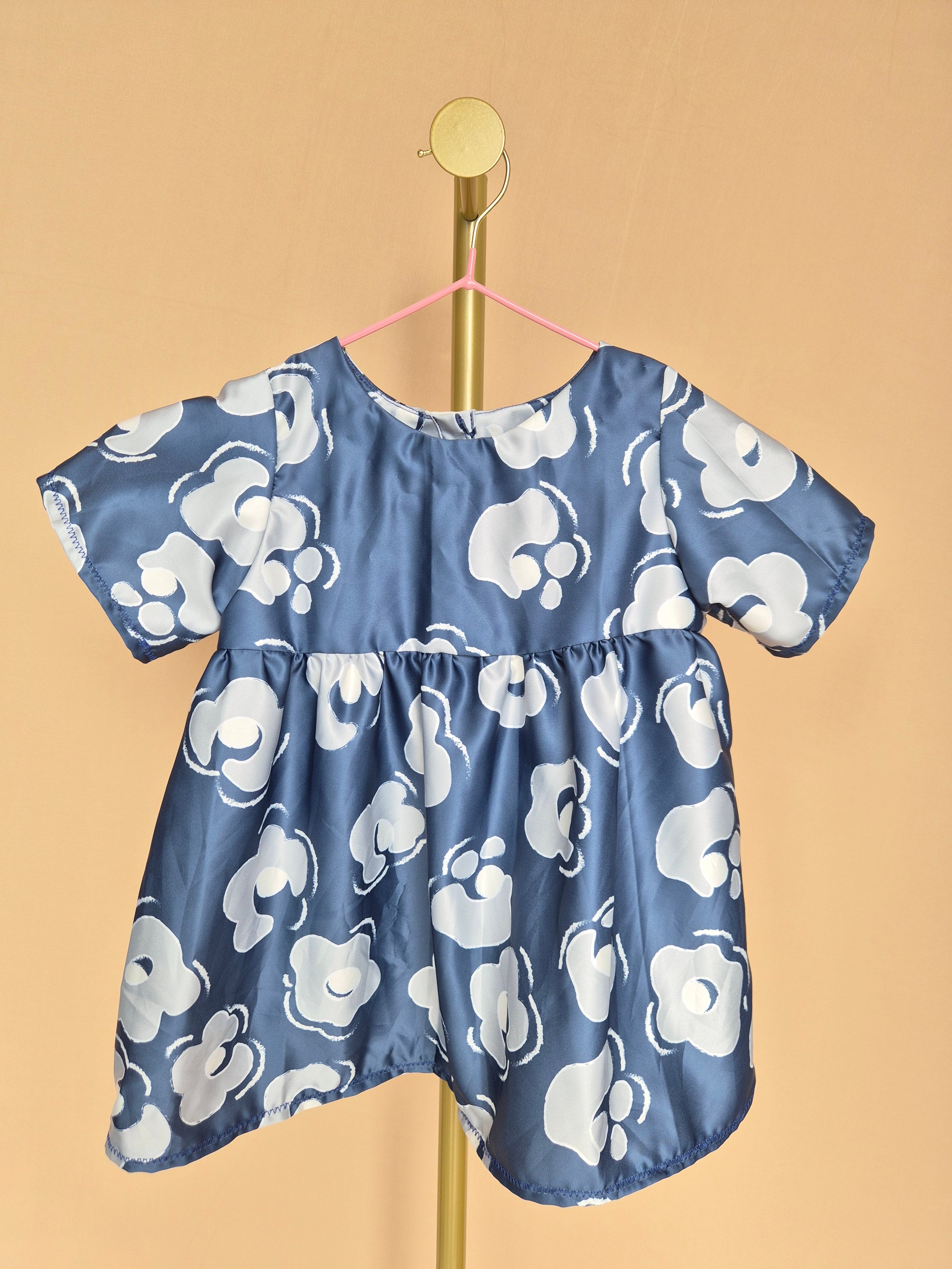 Handmade Blue Satin Floral Girls’ Dress – Size 1–2 Years