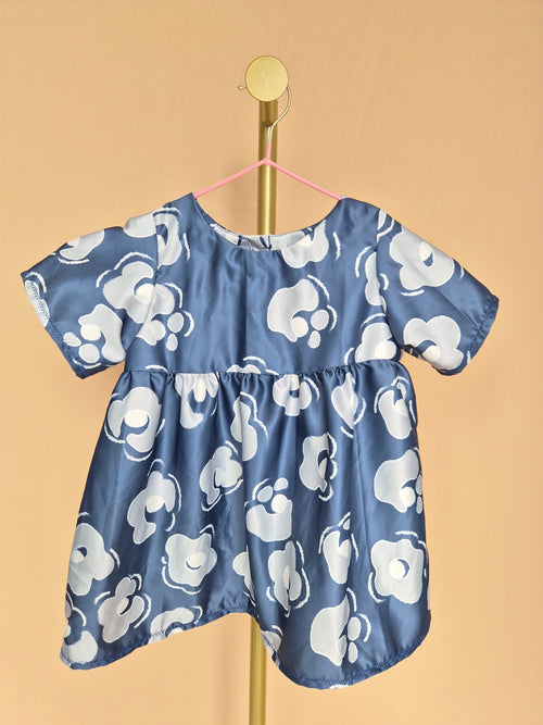 Handmade Blue Satin Floral Girls’ Dress – Size 1–2 Years