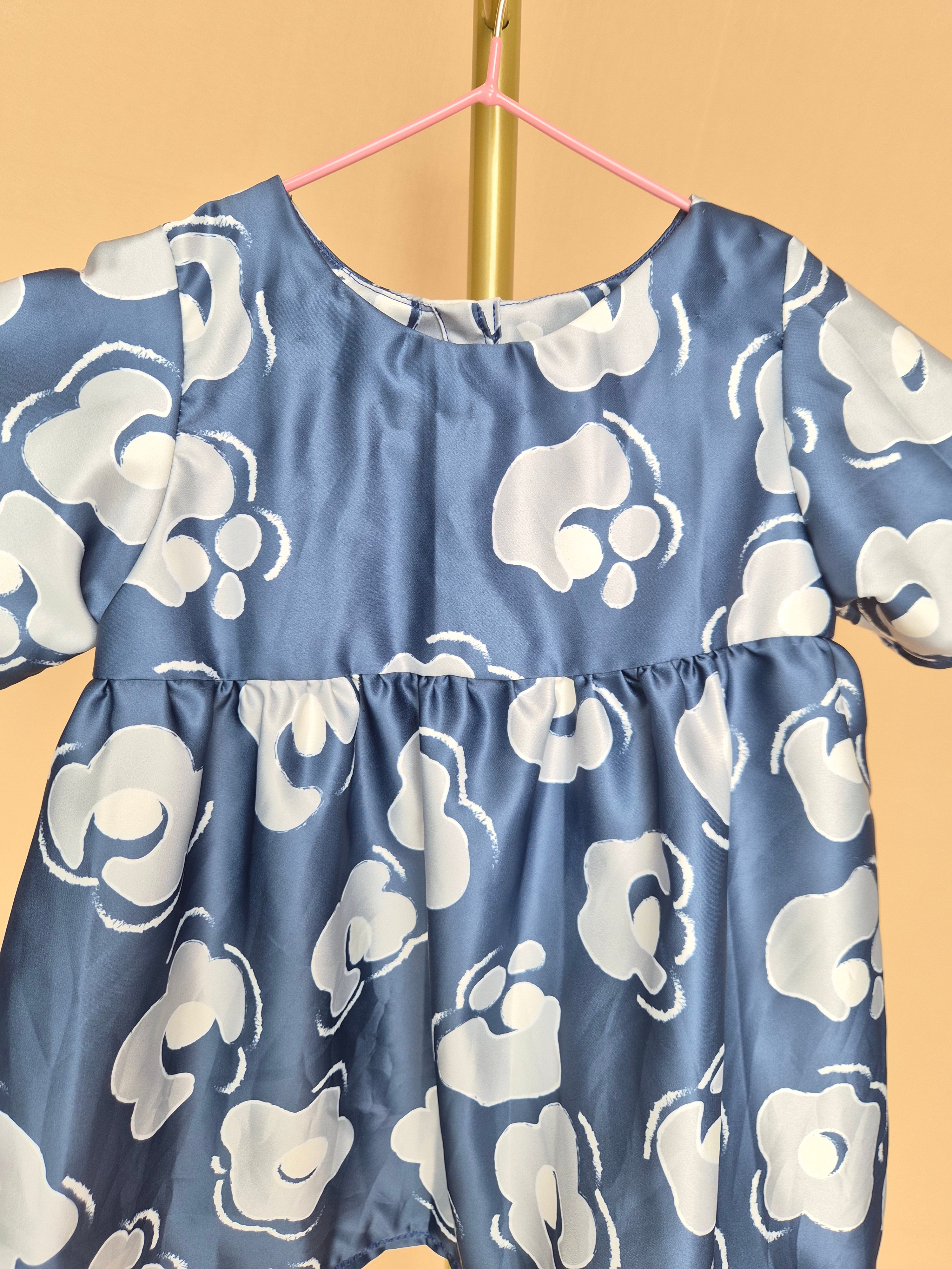 Handmade Blue Satin Floral Girls’ Dress – Size 1–2 Years