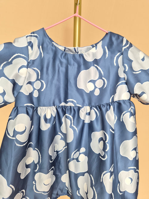 Handmade Blue Satin Floral Girls’ Dress – Size 1–2 Years