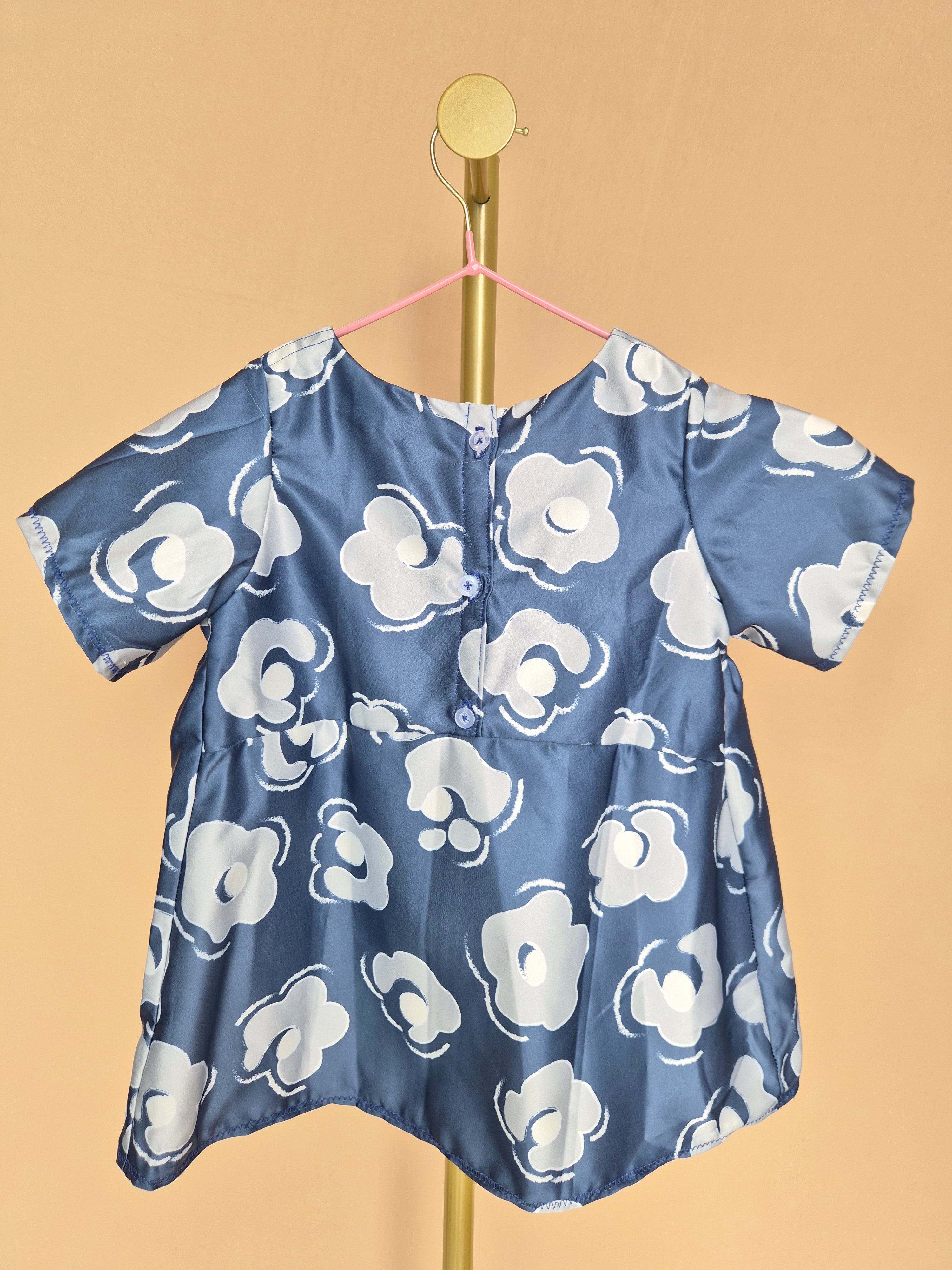 Handmade Blue Satin Floral Girls’ Dress – Size 1–2 Years