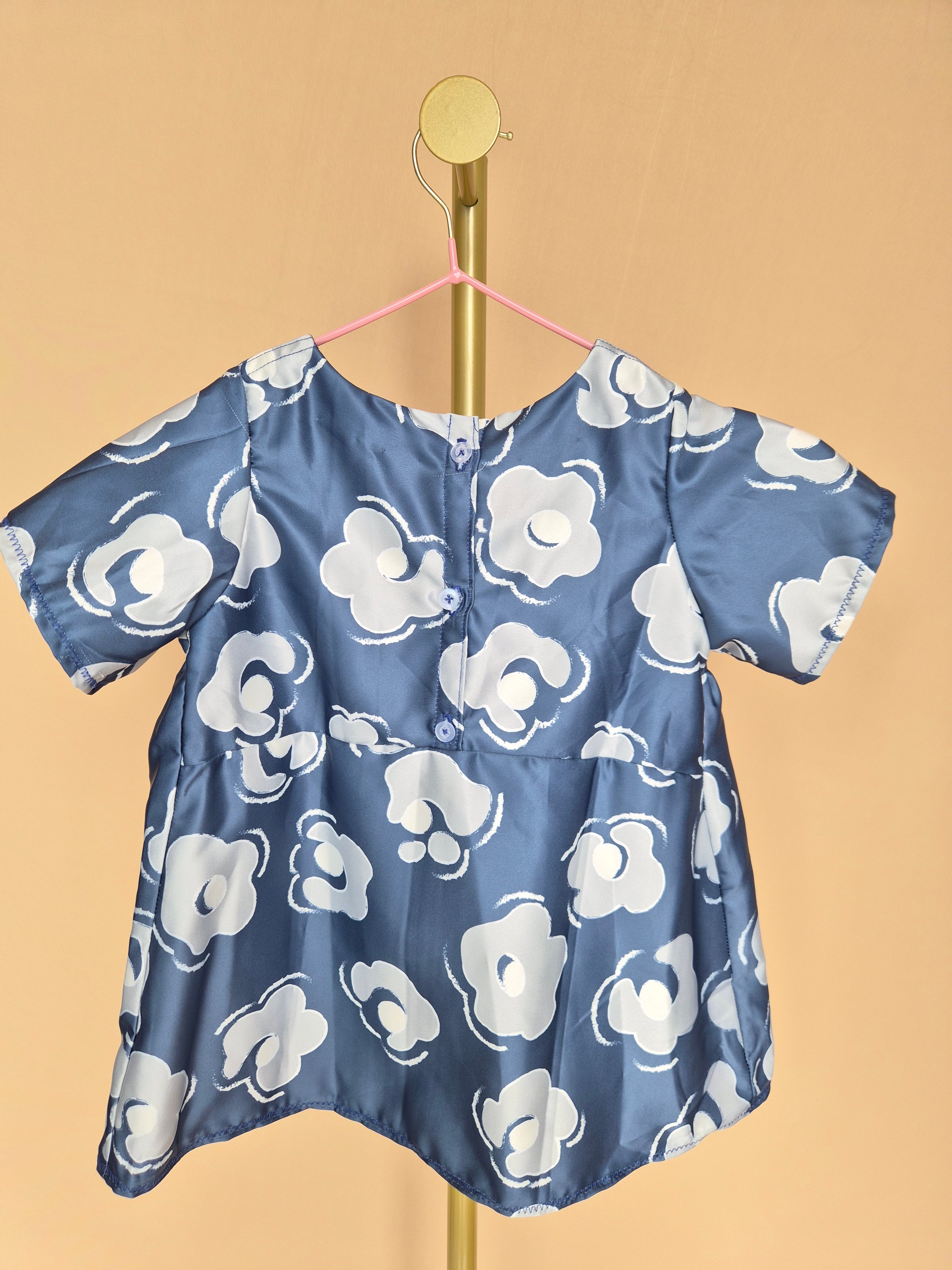 Handmade Blue Satin Floral Girls’ Dress – Size 1–2 Years