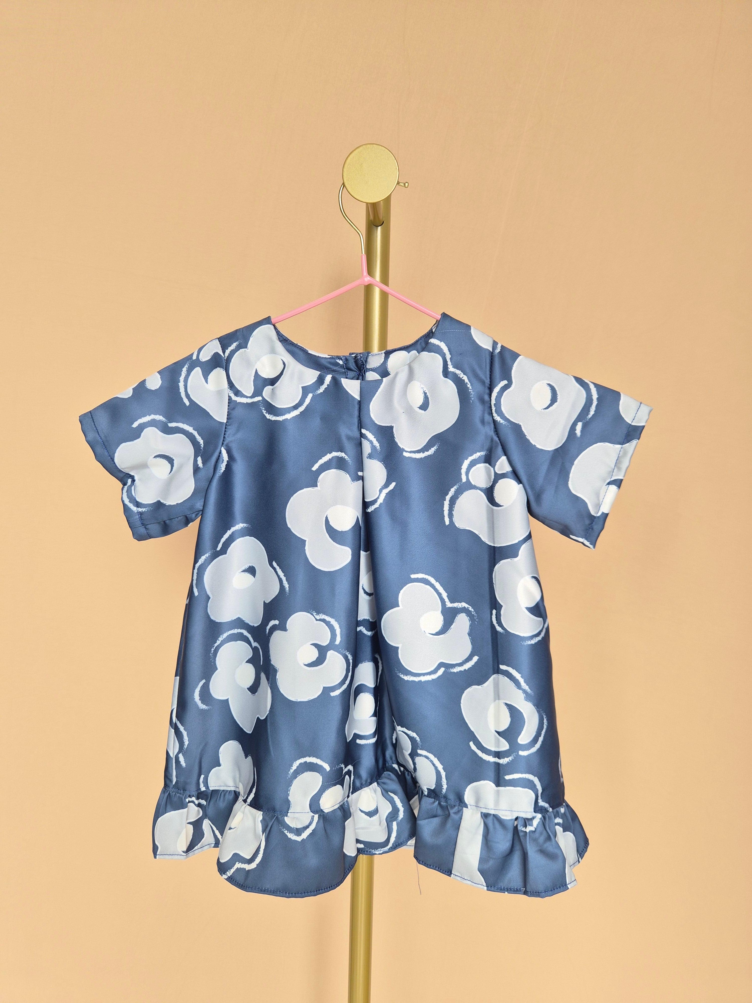 Handmade Blue Satin Floral Girls’ Top – Size 1–2 Years