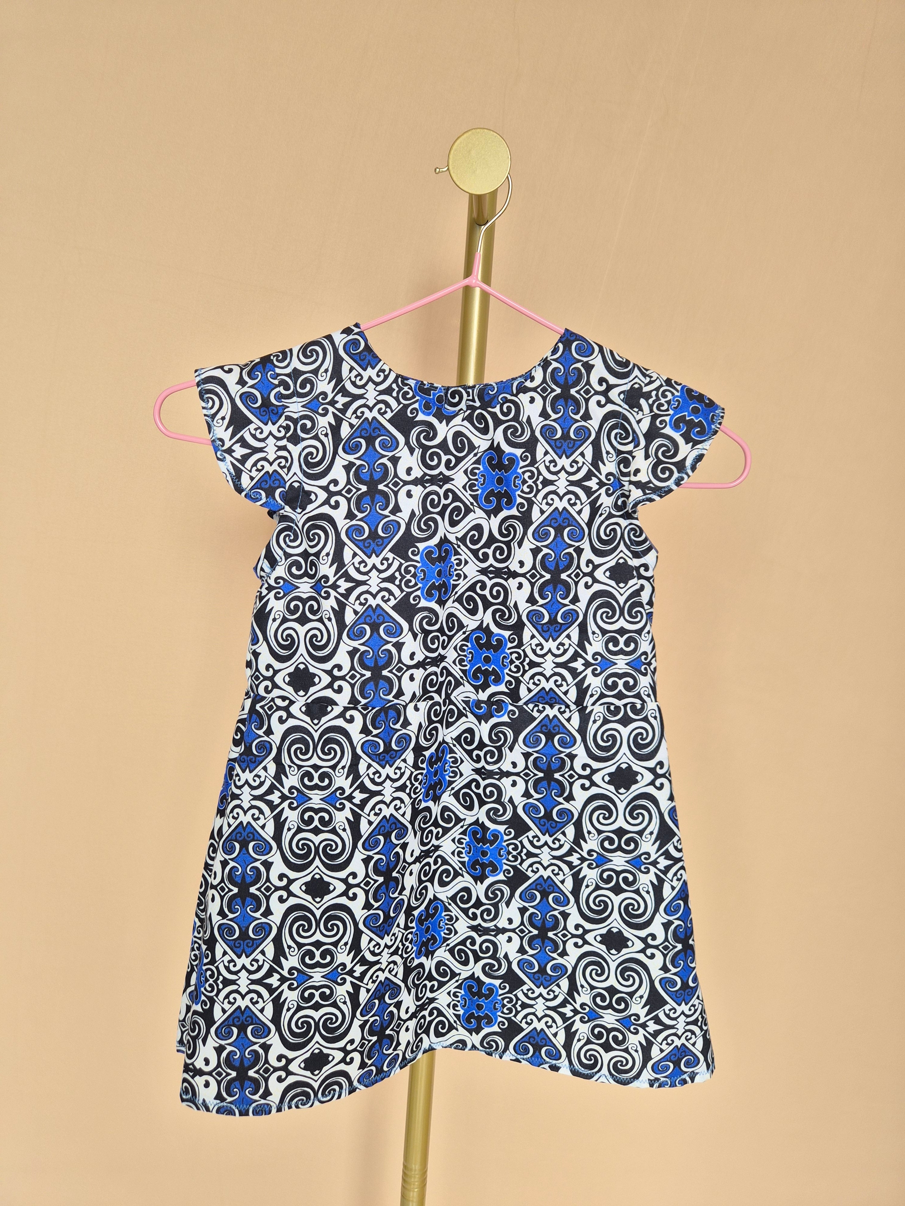 Handmade Blue, Black & White Flutter-Sleeve Dress Size 1-2 years