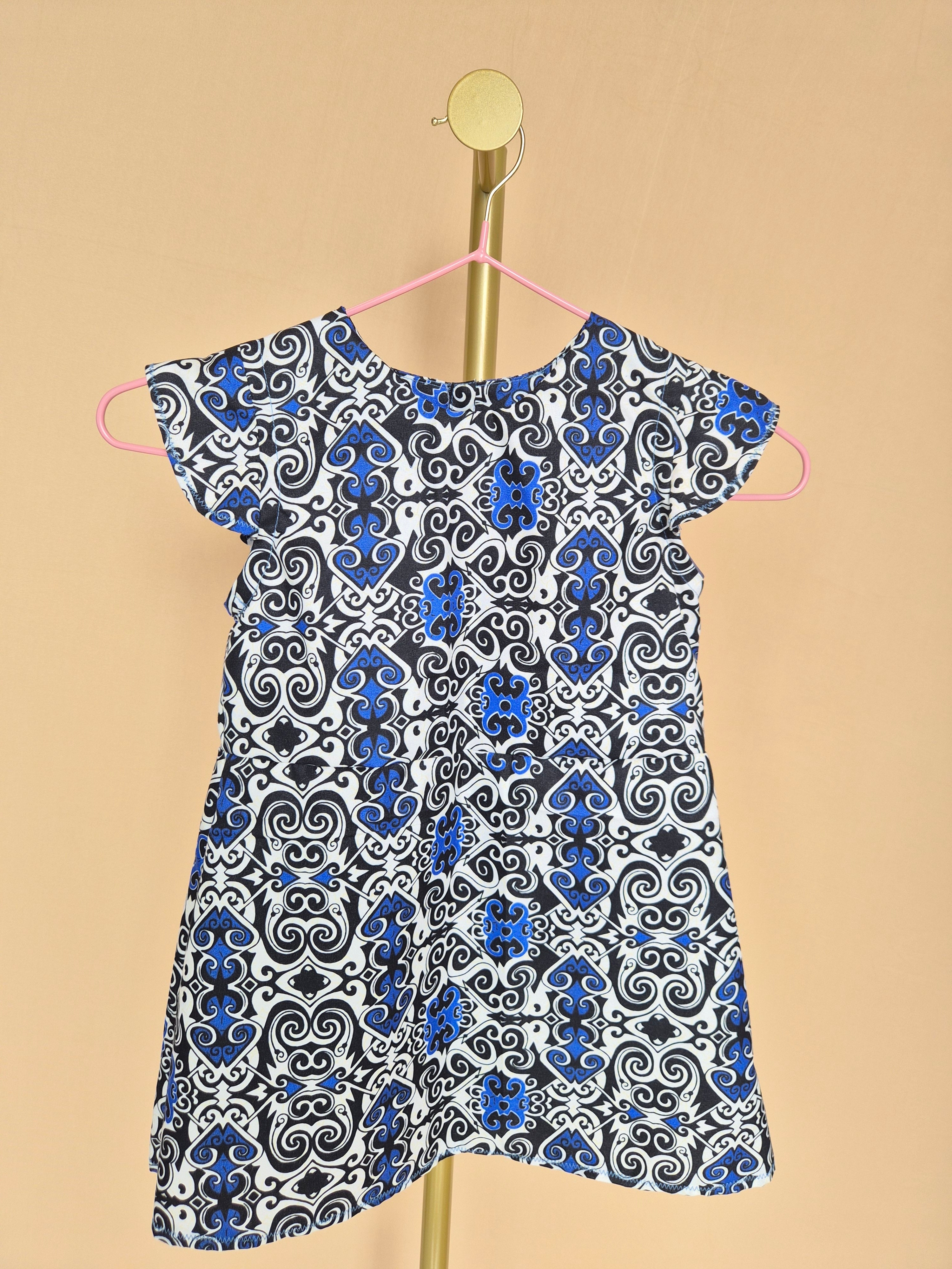 Handmade Blue, Black & White Flutter-Sleeve Dress Size 1-2 years