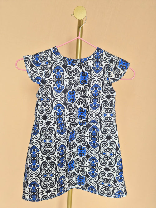 Handmade Blue, Black & White Flutter-Sleeve Dress Size 1-2 years